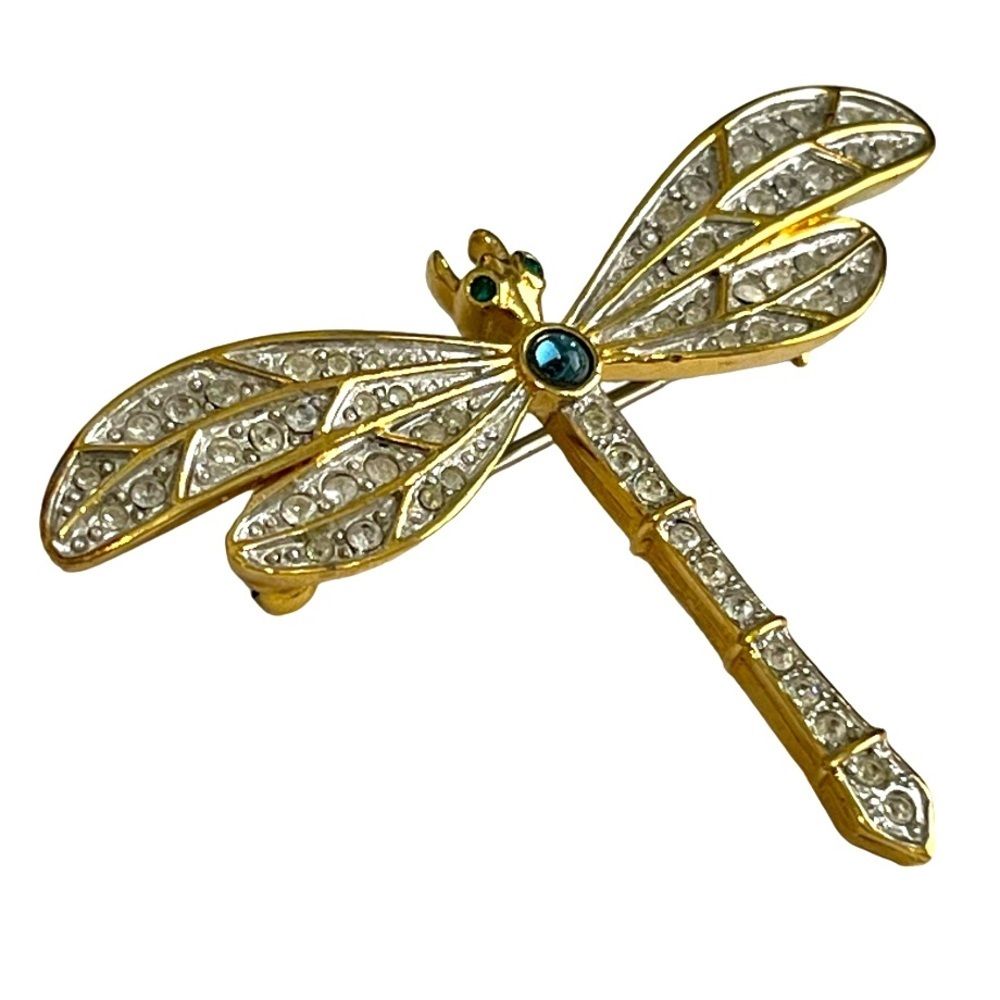 Golden Crystal Dragonfly Brooch Pin 1.25" - Picture 2 of 10